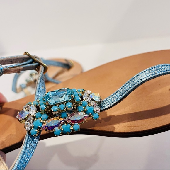Emanuela Caruso Women’s EU 40 Blue Jeweled Bling Ankle T- Strap Leather Sandals - Picture 16 of 16